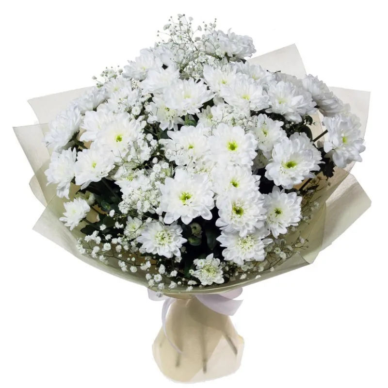 Букет из белых хризантем с гипсофилой, доставка Новоузенск
